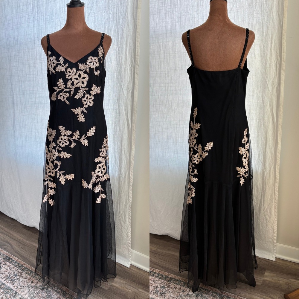 90s Vintage Davids Bridal Floral Applique Gown 12 Black Mesh Beaded Formal Y2K